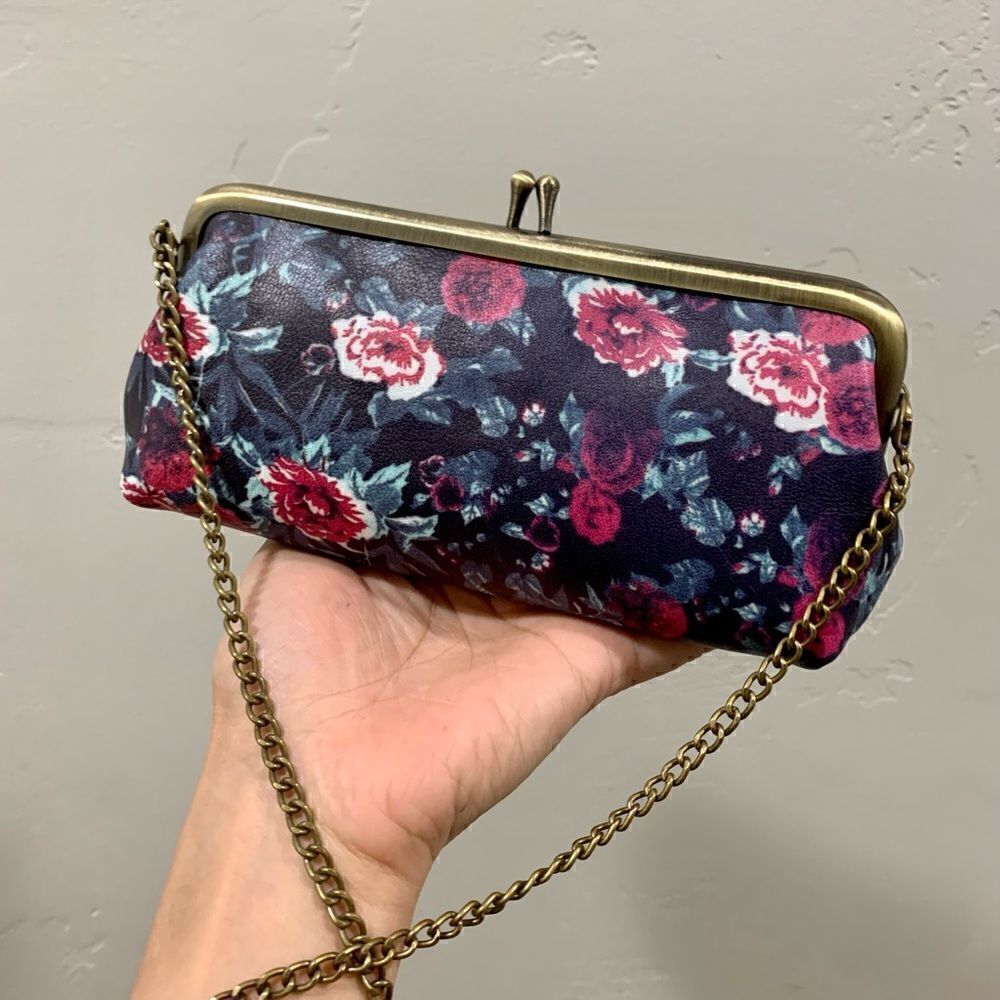 Handmade Genuine Leather Floral Print Kisslock Clutch/Cosmetic Case/Glasses case